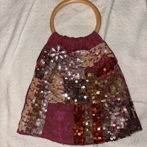 Sequin Embellished Handbag with Wooden Handles